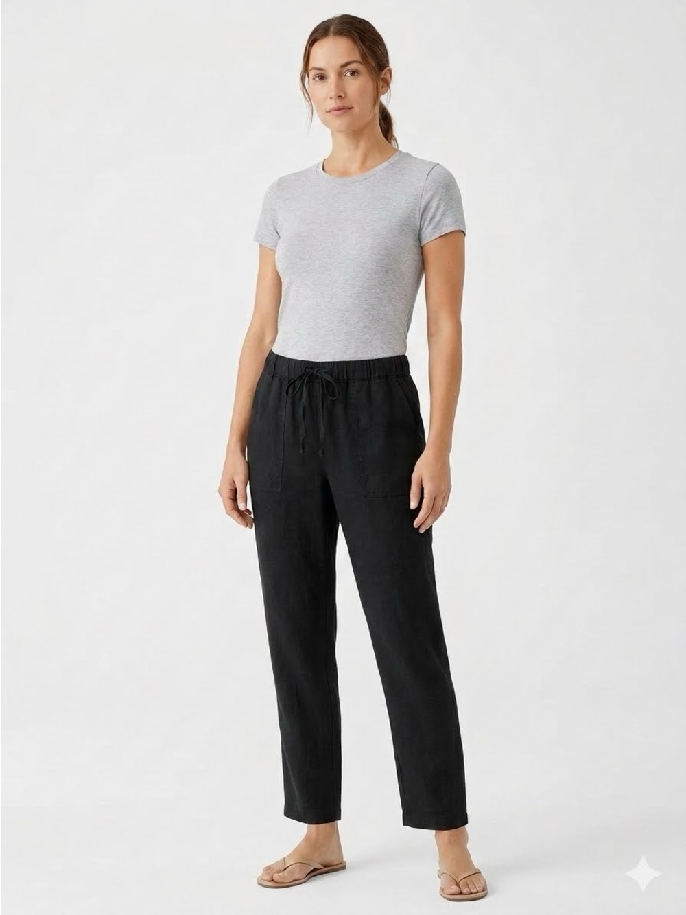 Caslon Black Lightweight Straight-Leg 100% Linen Drawstring Pants Size M